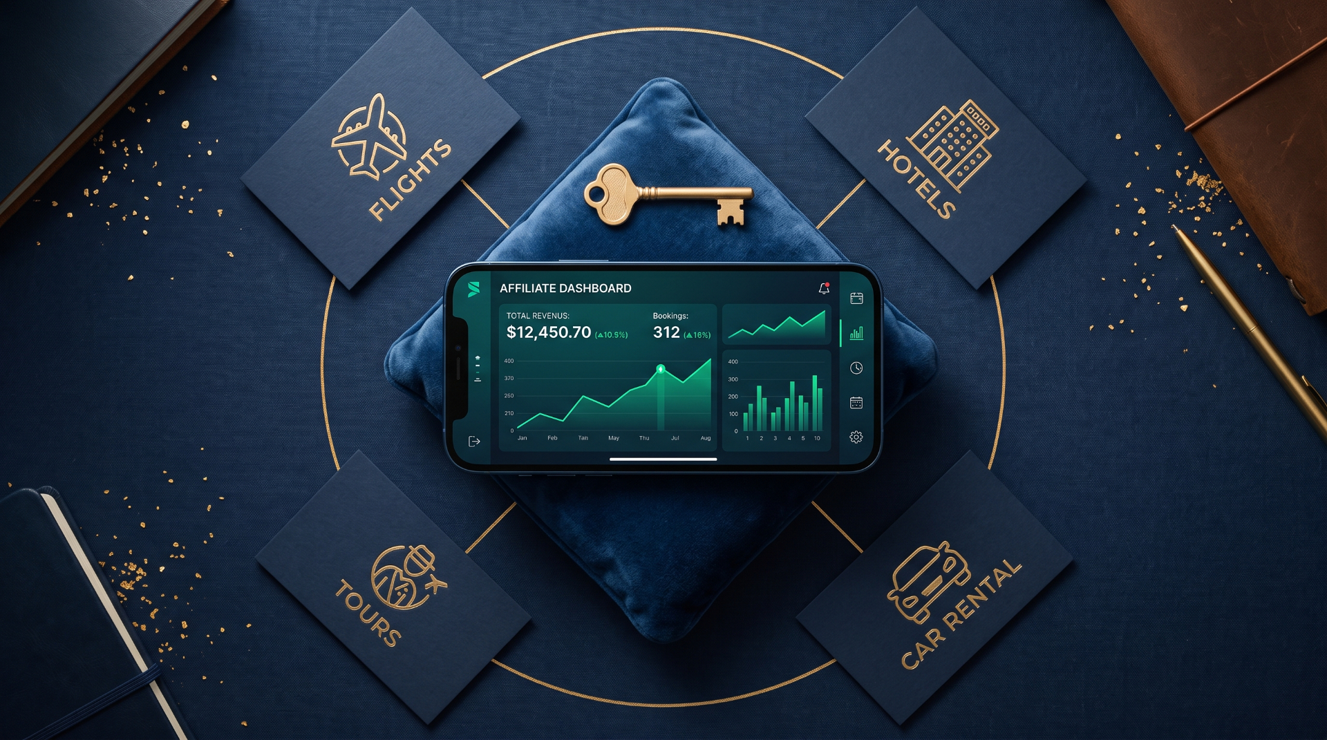 Affiliate revenue dashboard showing flights, hotels, tours, and car rental earnings