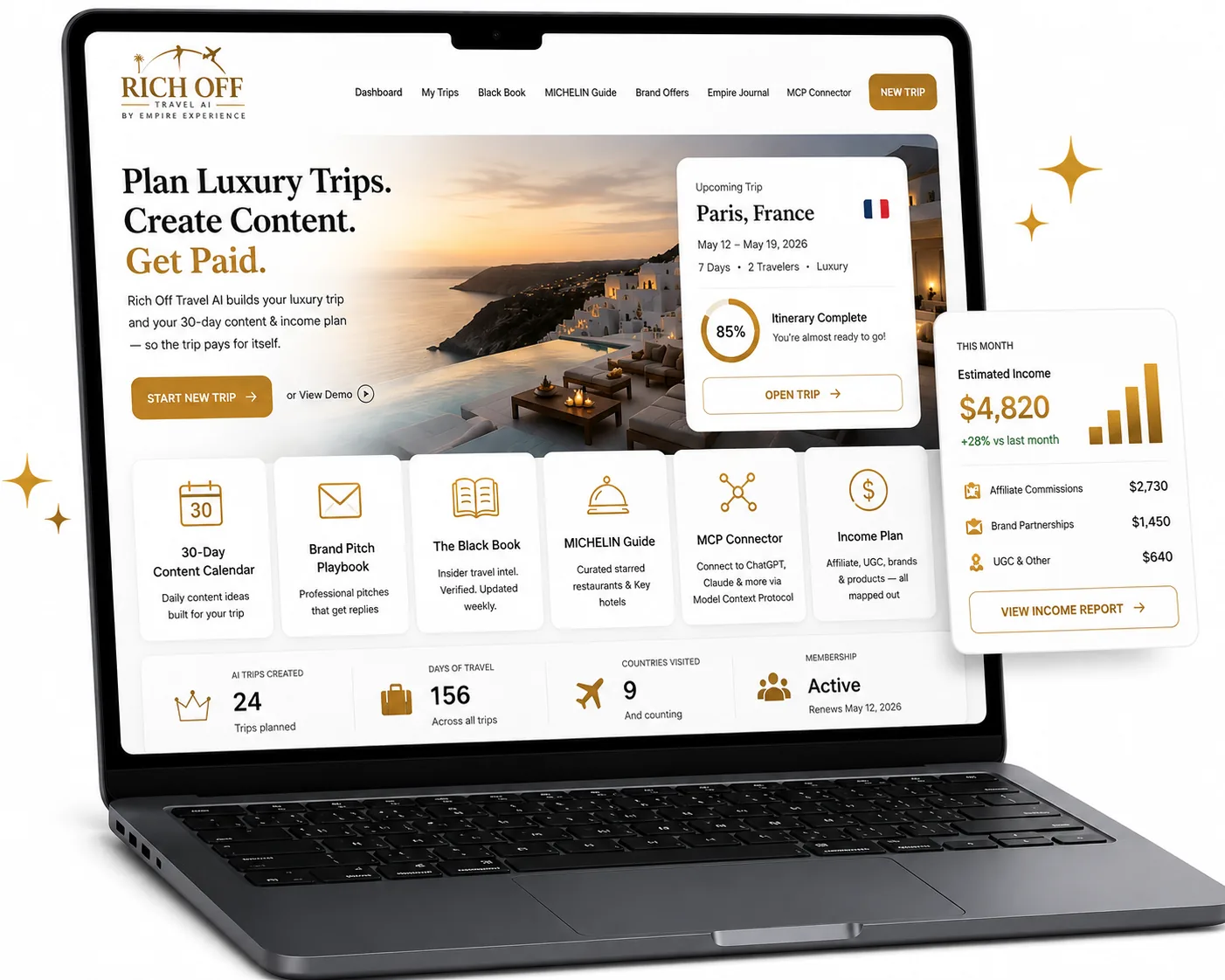Rich Off Travel AI dashboard on a laptop showing the Paris trip card, income report, and feature cards like 30-Day Content Calendar, Brand Pitch Playbook, The Black Book, Michelin Guide, MCP Connector and Income Plan