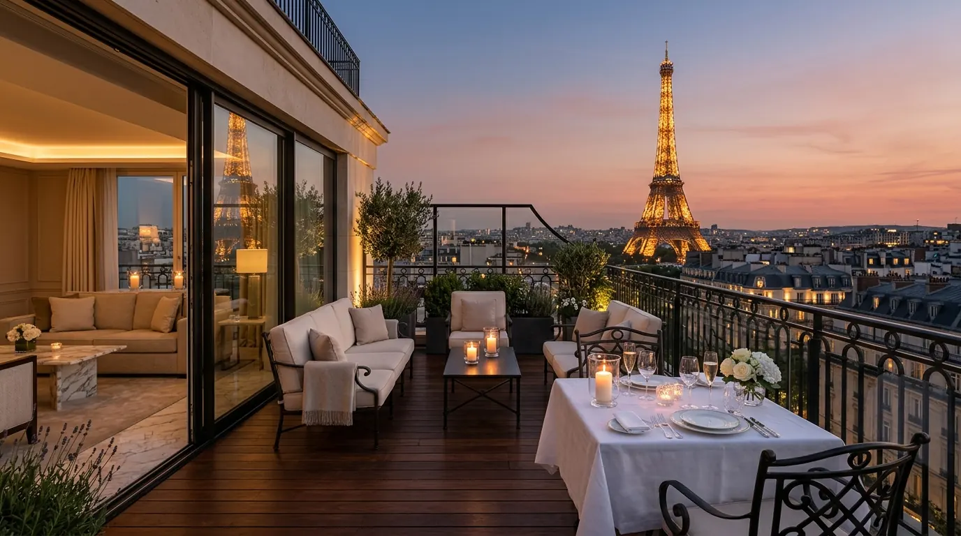 Rooftop suite in Paris at dusk