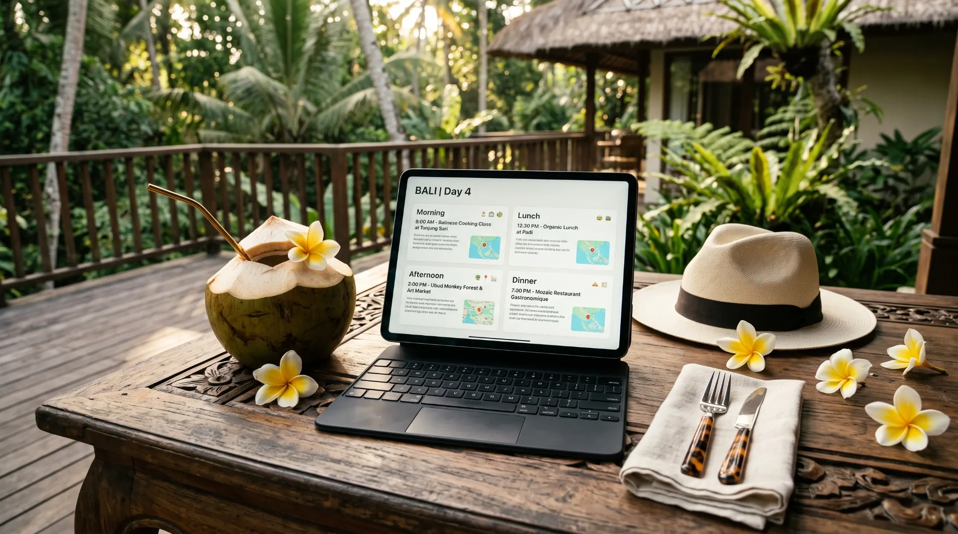 Bali day-by-day itinerary open on an iPad Pro on a teak table