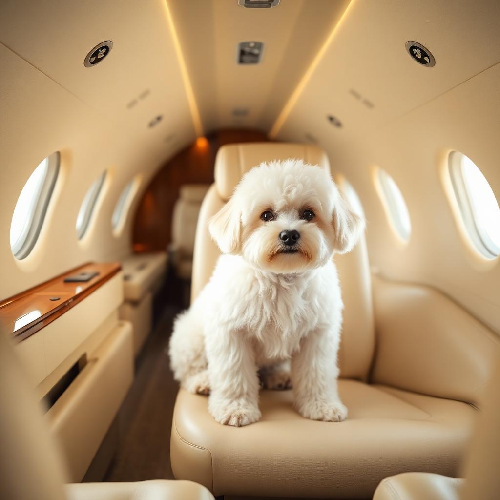Small dog seated on a leather chair inside a private jet cabin