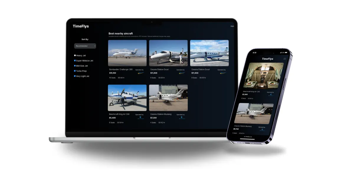 TimeFlys desktop and mobile interface showing live private jet charter listings with real operator pricing