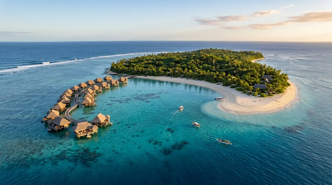 Aerial view of a private island resort in Fiji