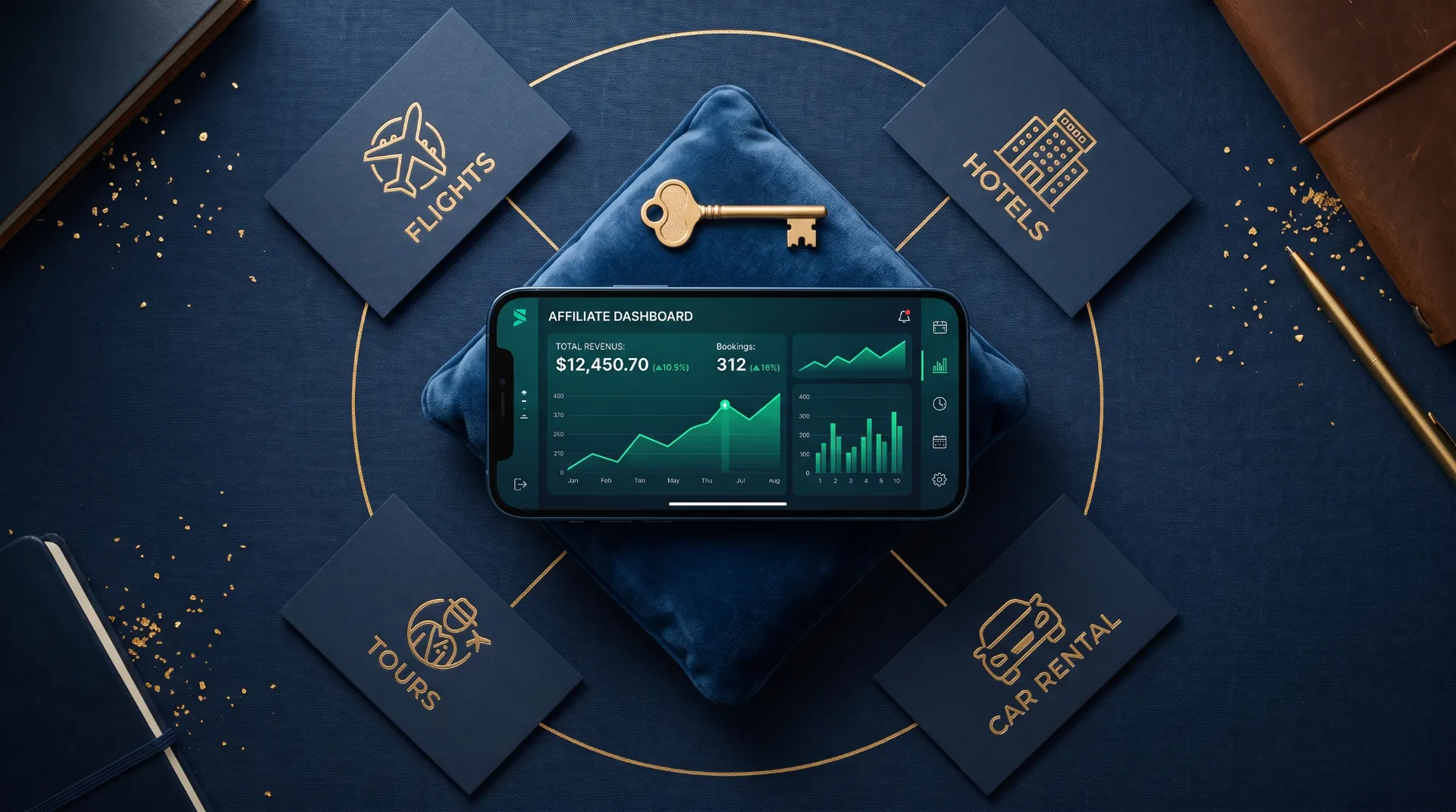Affiliate revenue dashboard showing flights, hotels, tours, and car rental earnings