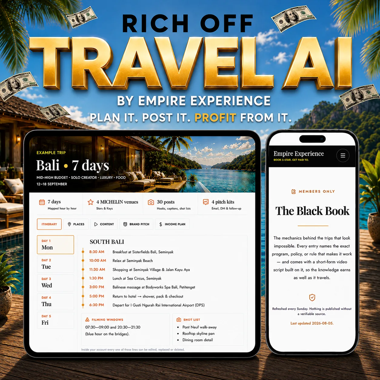 Rich Off Travel AI by Empire Experience shown on a tablet with an example Bali itinerary and on a phone with The Black Book