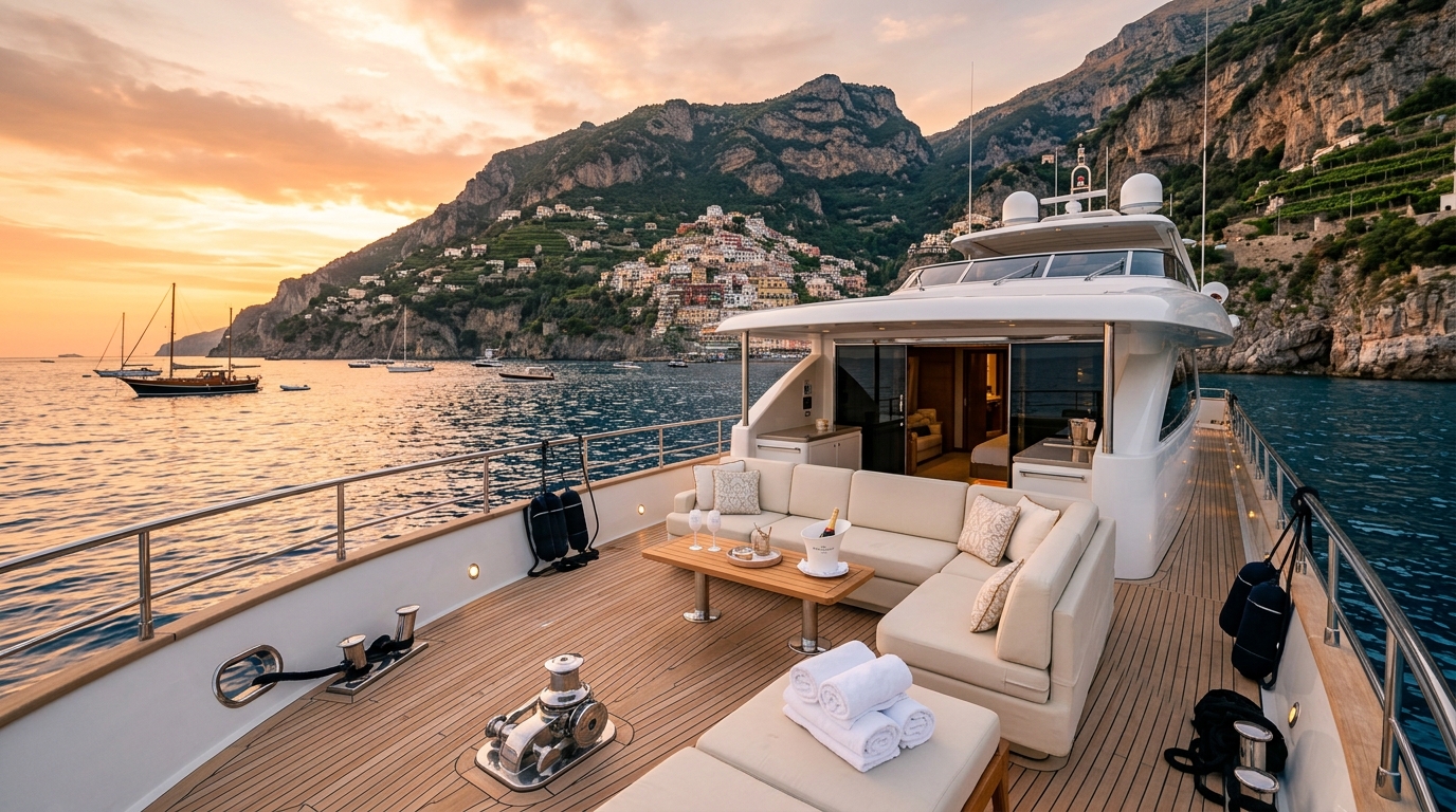 Luxury yacht anchored along the Amalfi Coast at golden hour