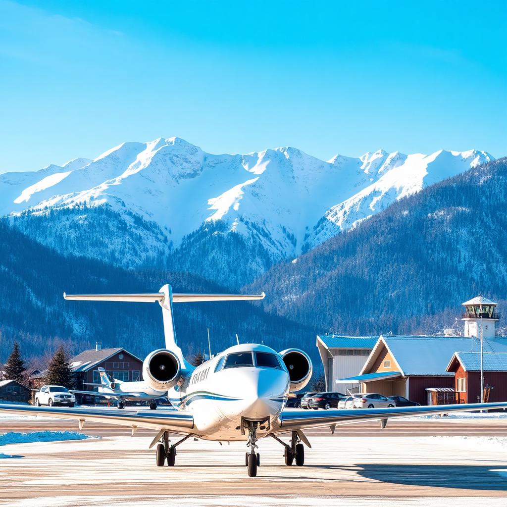 Private jet at a small mountain airport with ski slopes in the distance