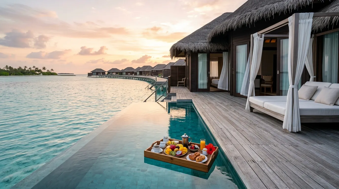 Overwater villa at sunrise in the Maldives