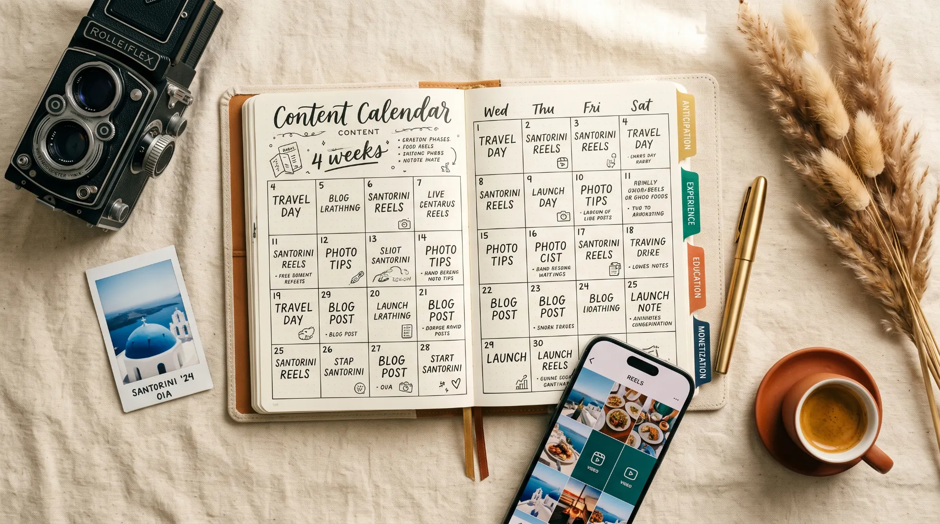 30-day content calendar with reels, blog posts, and launch days planned around a Santorini trip
