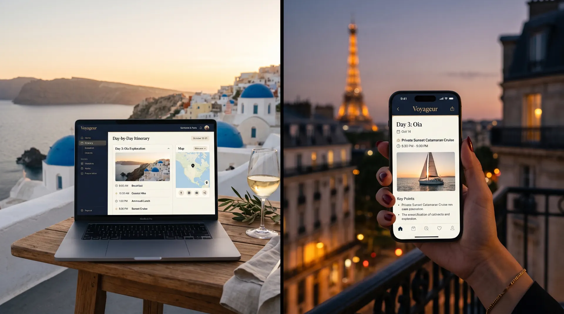 Rich Off Travel AI itinerary open on a MacBook Pro and iPhone in Santorini and Paris
