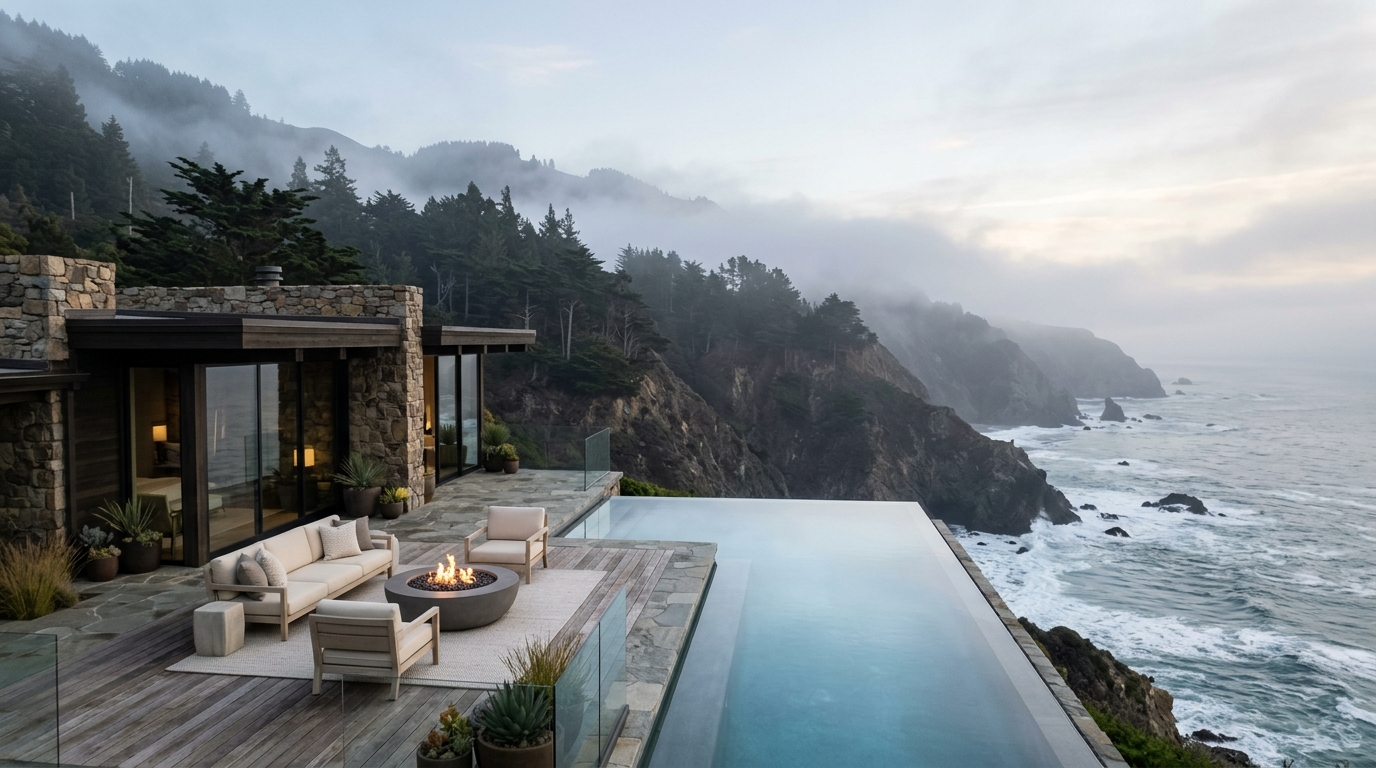 Luxury infinity pool overlooking tropical peaks