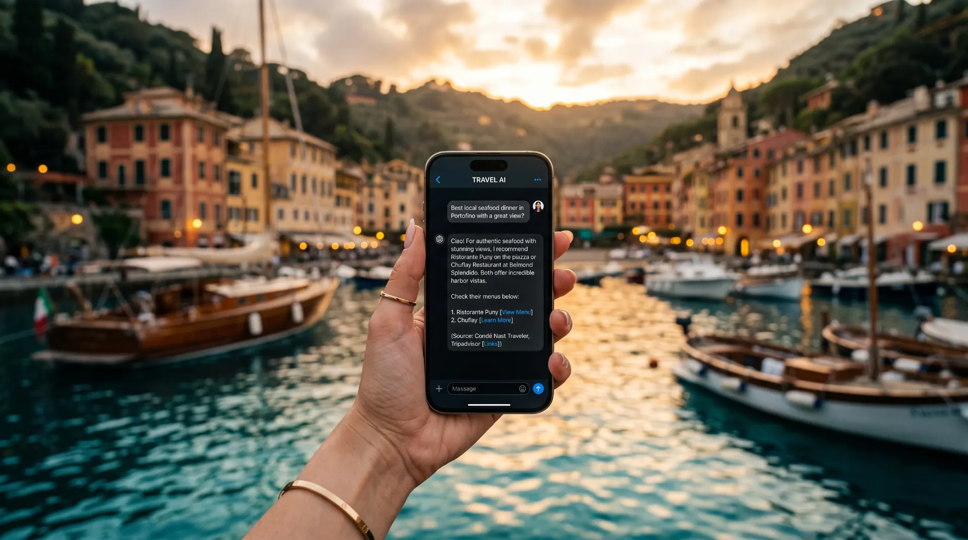 Traveler asking the Rich Off Travel AI concierge for a seafood dinner in Portofino