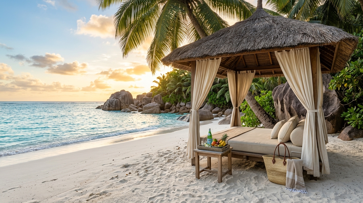 Island resort in the Seychelles at golden hour