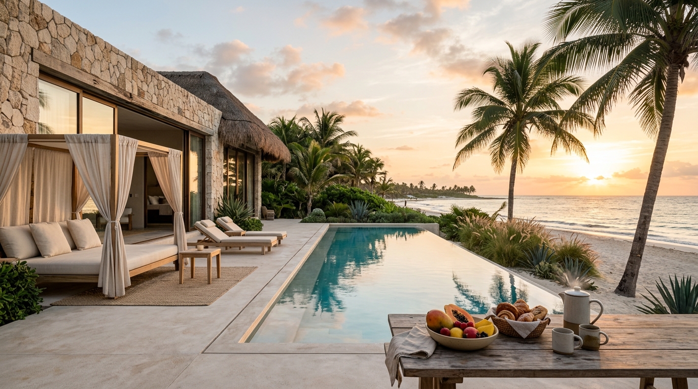 Oceanfront terrace at a tropical beach hotel