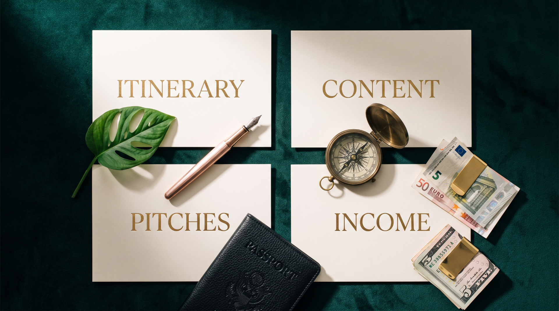 Four pillars of the Rich Off Travel AI studio: itinerary, content, pitches, income