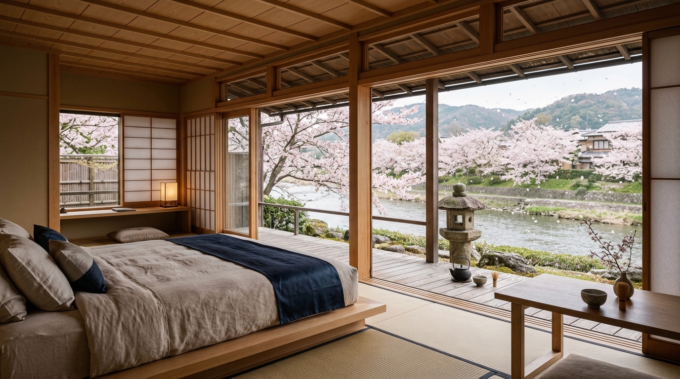 Riverside hotel suite in Kyoto during cherry blossom season