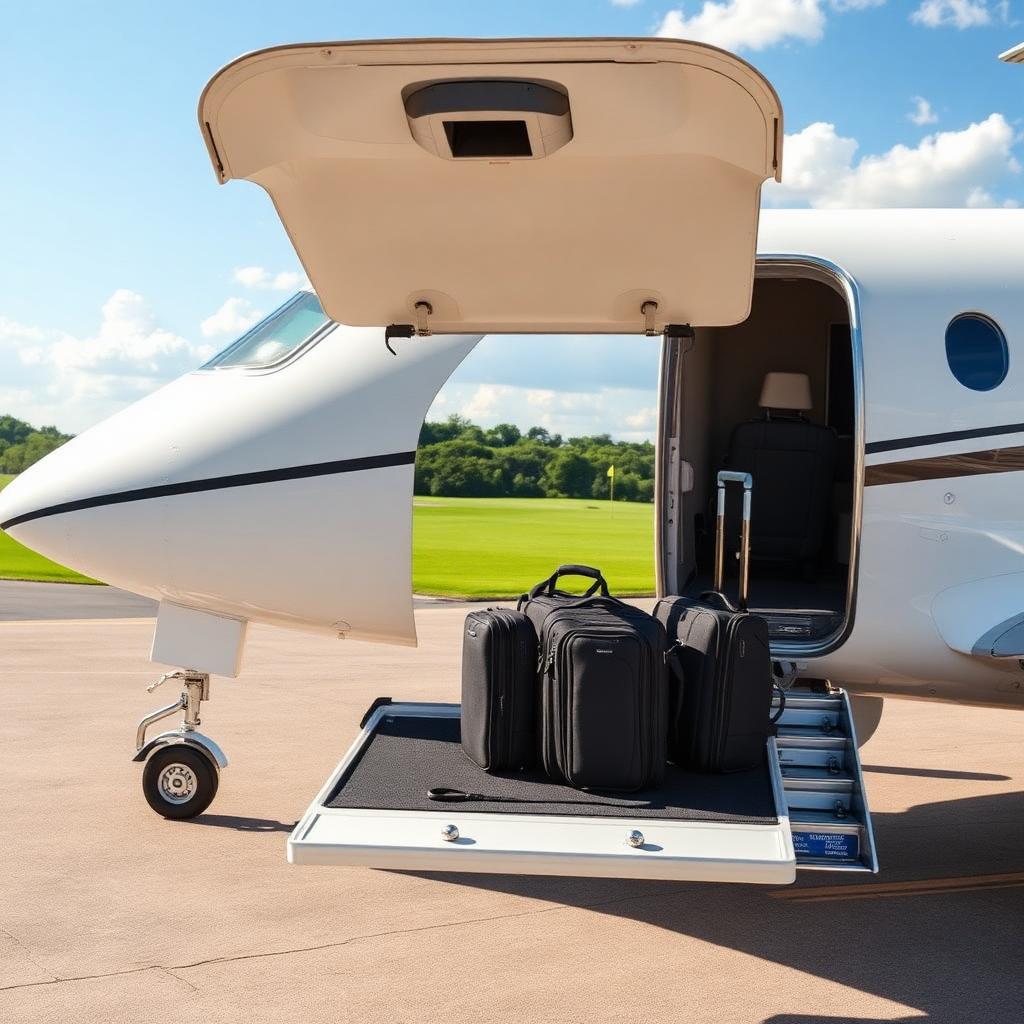 Golf bags being loaded into a private jet with a course beyond
