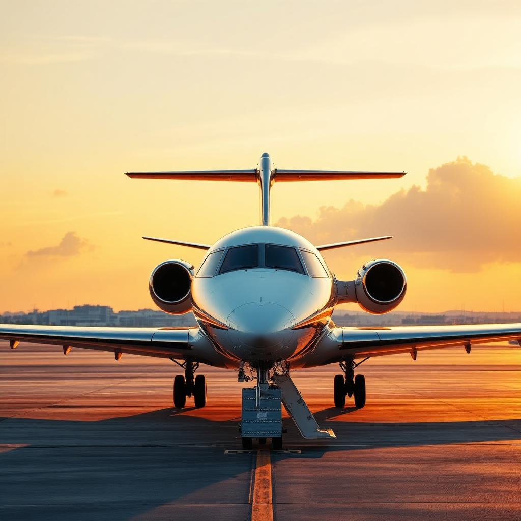 Private jet on the tarmac at dusk, ready for immediate departure