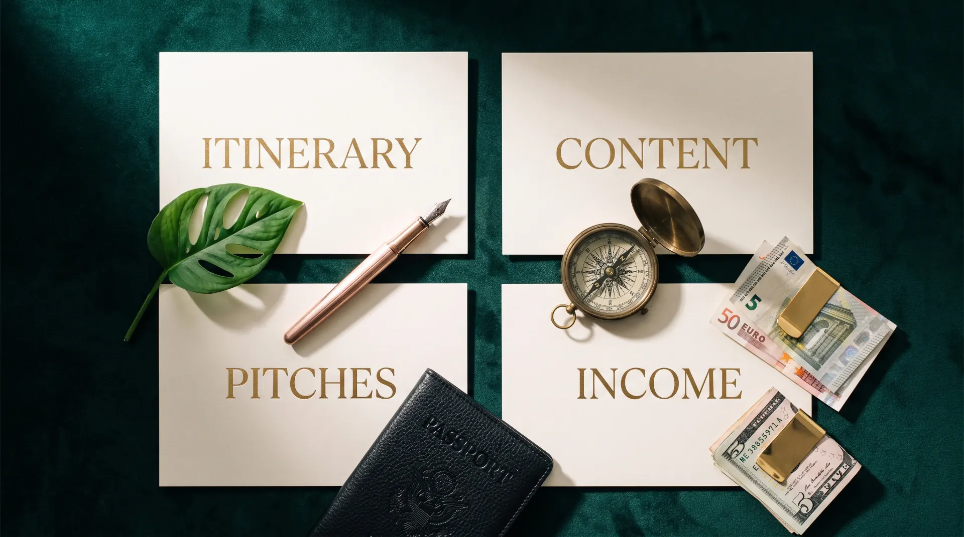 Four pillars of the Rich Off Travel AI studio: itinerary, content, pitches, income