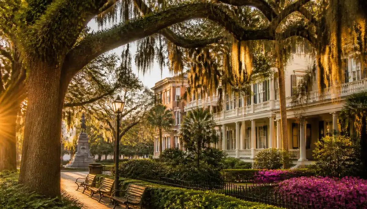 Savannah rooftops and the Savannah River at golden hour