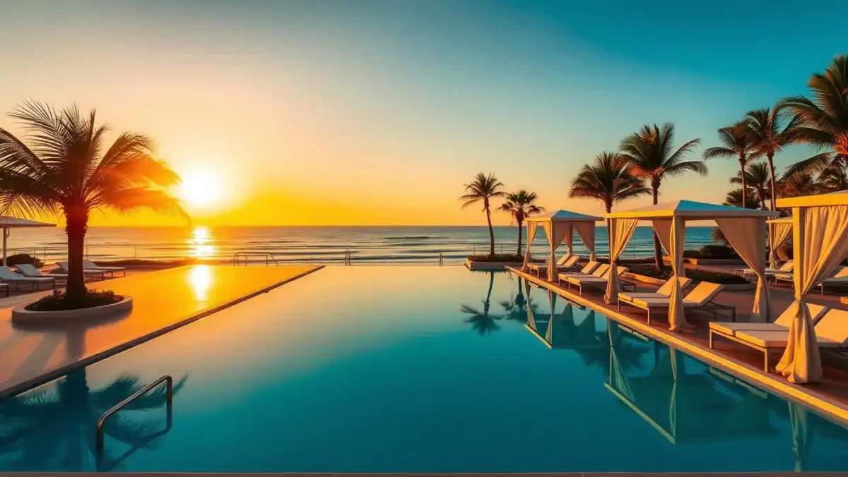 Beachfront luxury resort and white sand at sunset