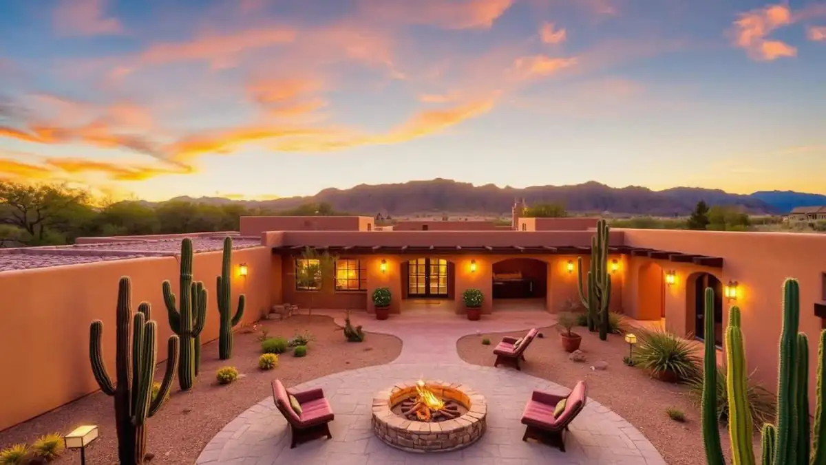 Desert luxury resort courtyard at golden hour