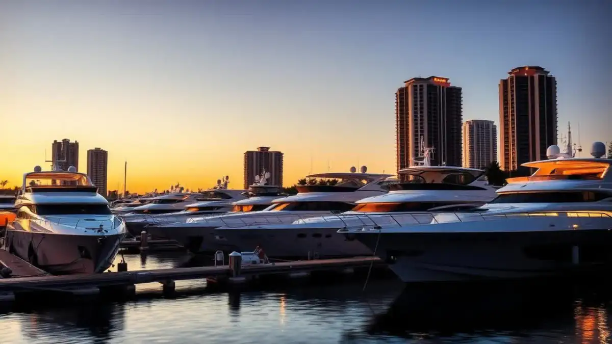 Superyachts docked at a Miami marina at dusk