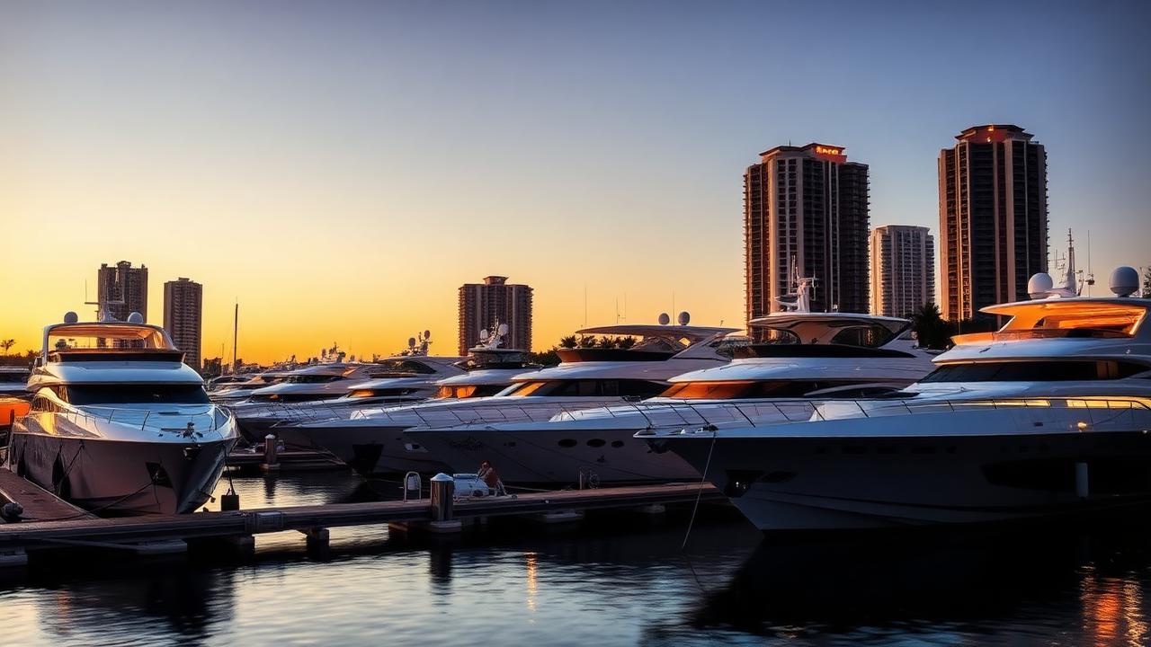 Superyachts docked at a Miami marina at dusk