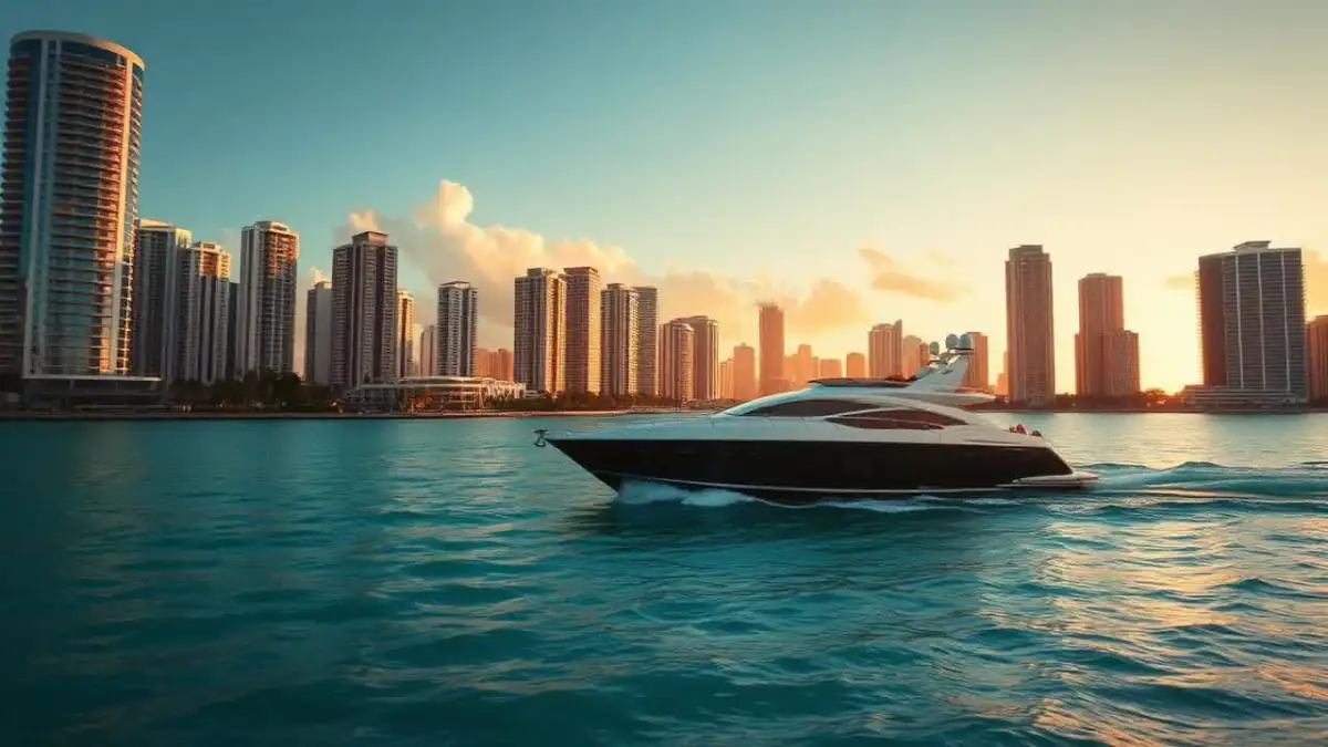 Motor yacht cruising Biscayne Bay with the Miami skyline at golden hour