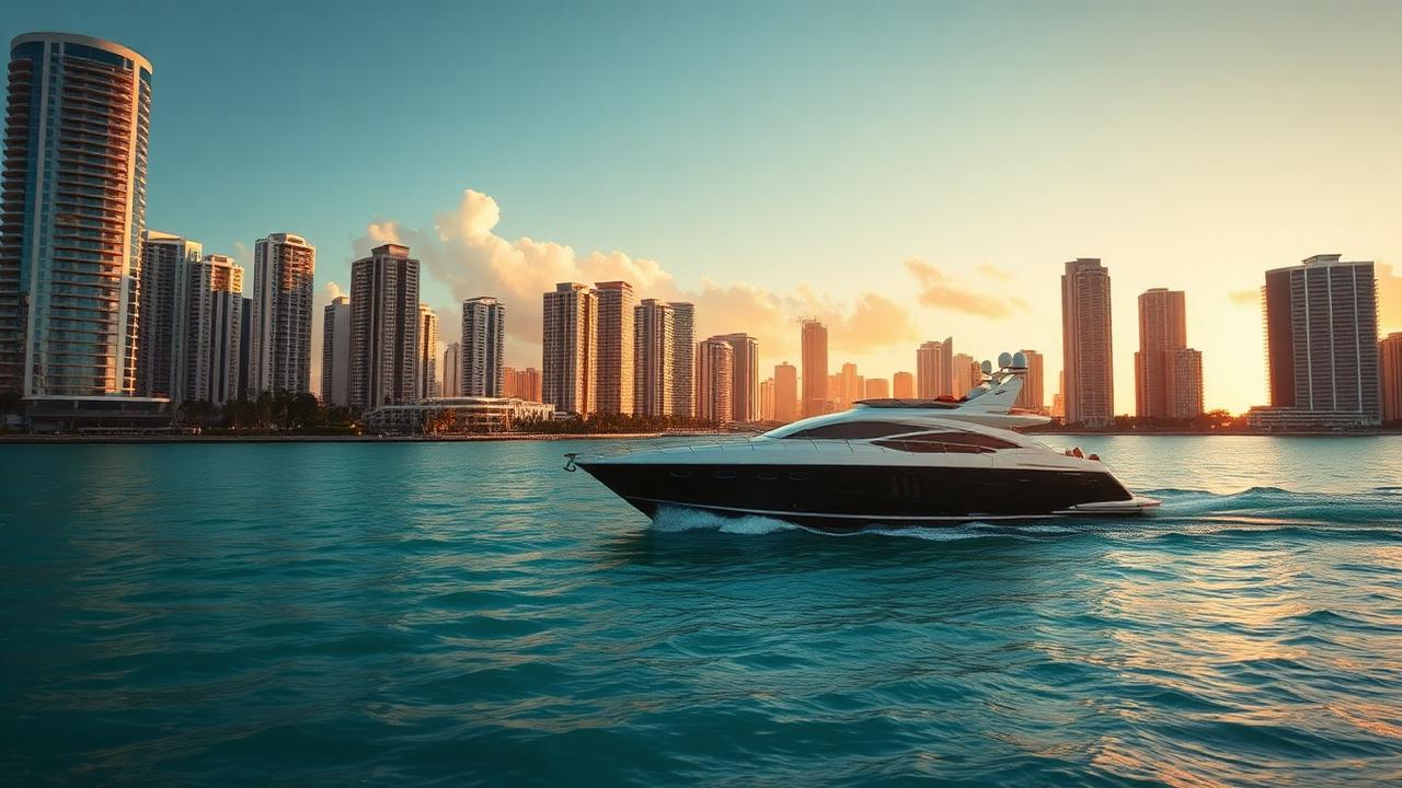 Motor yacht cruising Biscayne Bay with the Miami skyline at golden hour