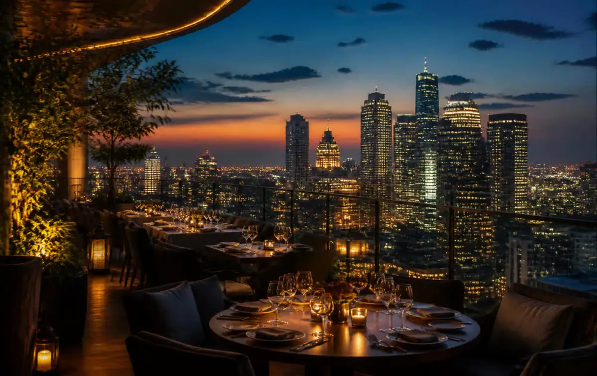 Rooftop restaurant terrace set for dinner above a lit city skyline at dusk