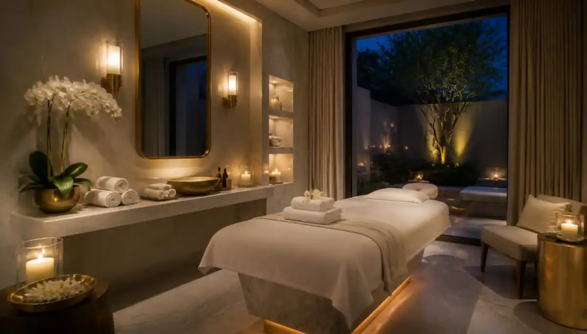 Candlelit luxury hotel spa treatment room with marble table and gold detailing