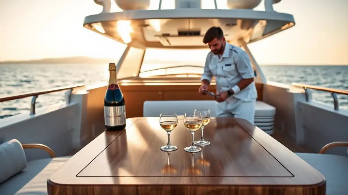 Yacht crew preparing drinks service on a polished teak deck