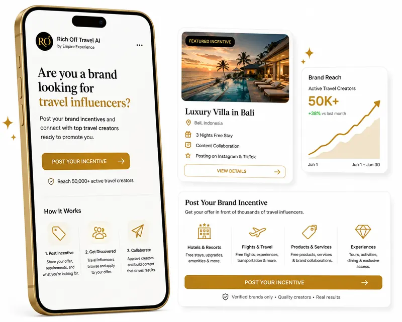 Brand dashboard showing a luxury villa incentive with creator reach stats