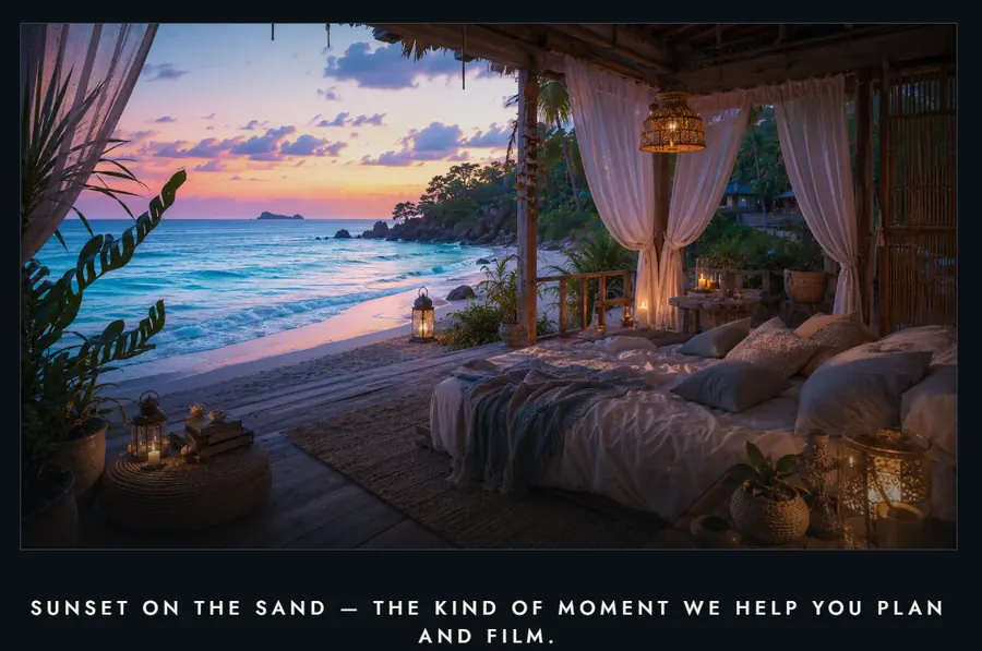 Beachfront cabana at sunset overlooking a turquoise ocean