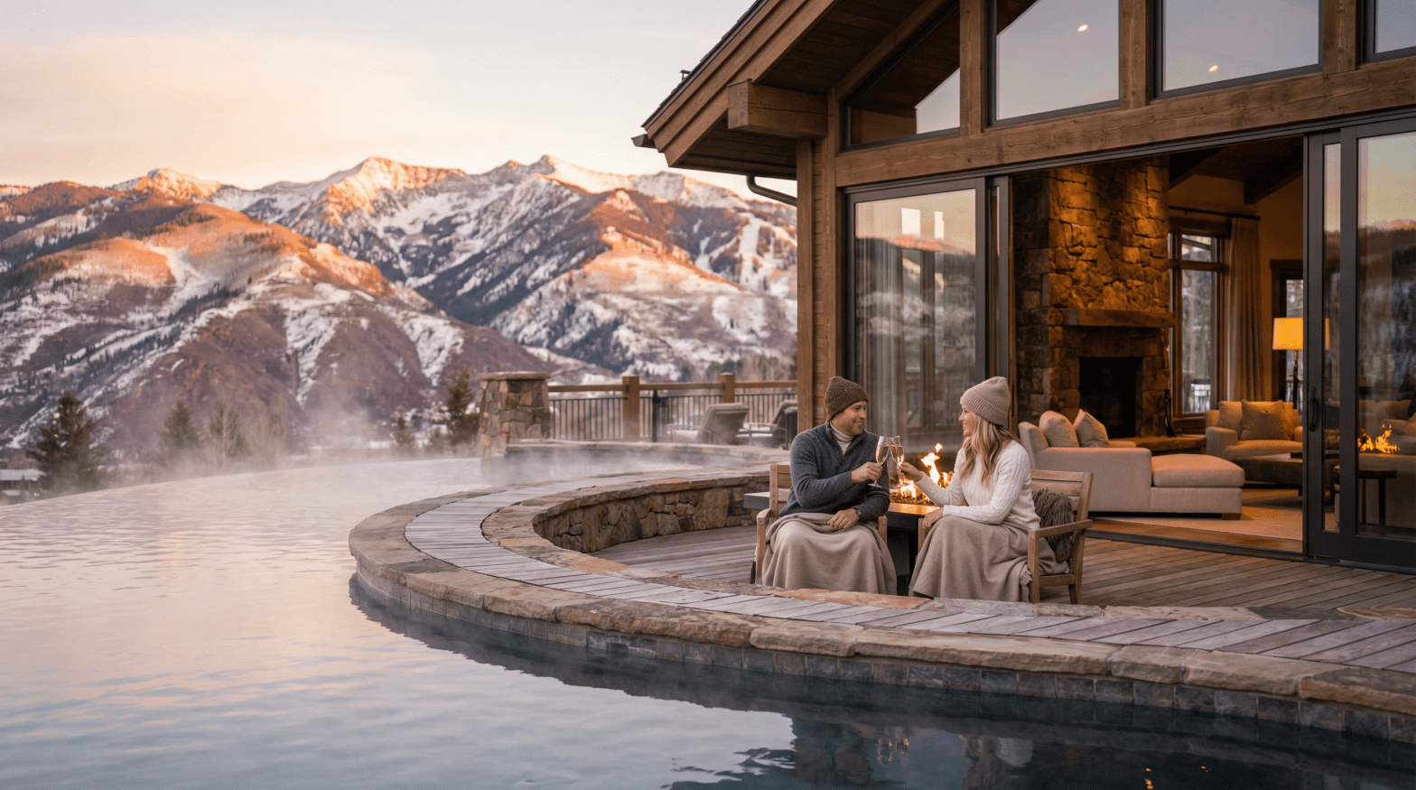 luxury ski resorts Aspen Colorado — heated infinity pool at golden hour